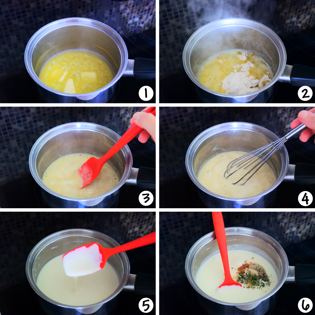 A composite image showing how the simple Béchamel for potato au gratin is made