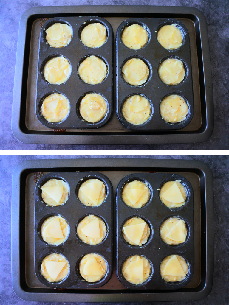 An overhead composite image of baked-until-tender potato au gratin that are then topped with a final layer of cheese before being put under the broiler