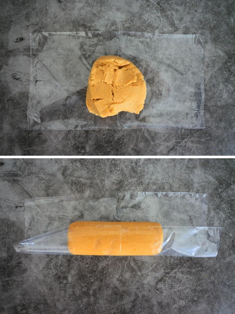A composite overhead image of lemon shortbread cookie dough on a sheet of plastic wrap being formed and rolled into a log.