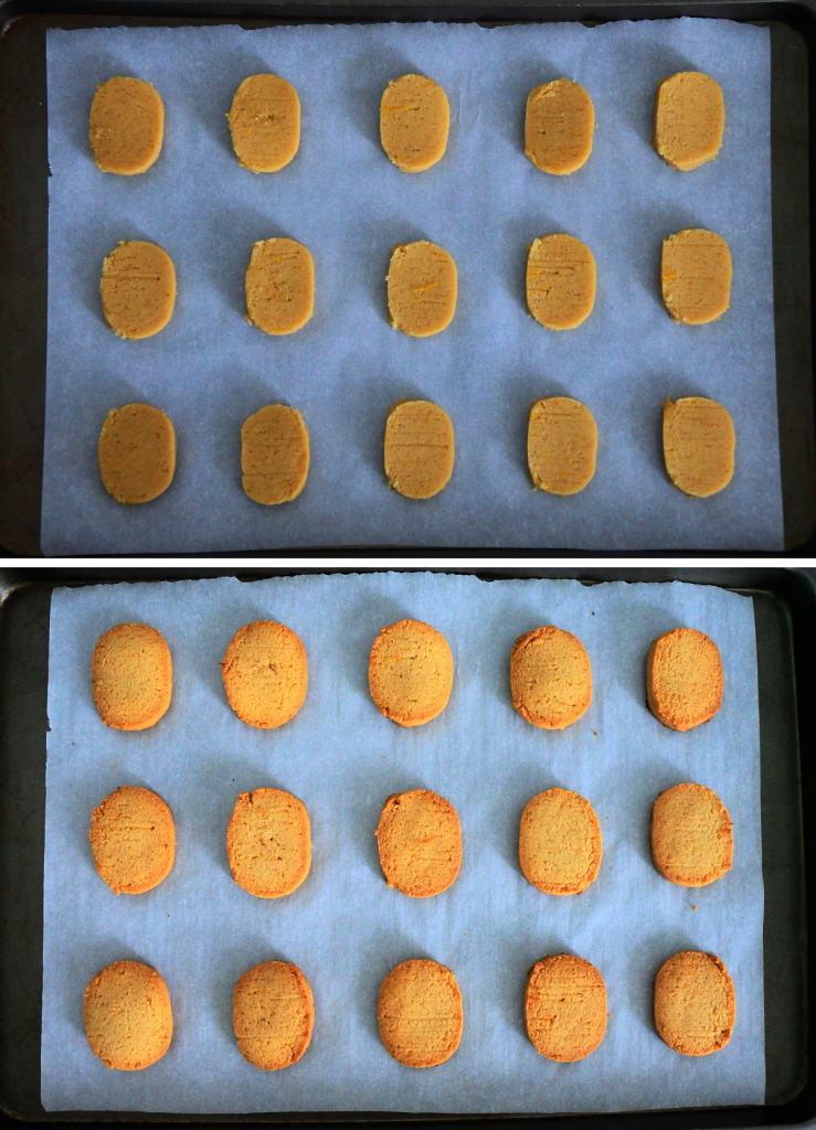An overhead composite image of Gluten free lemon shortbread cookies before and after being baked and on a parchment lined tray
