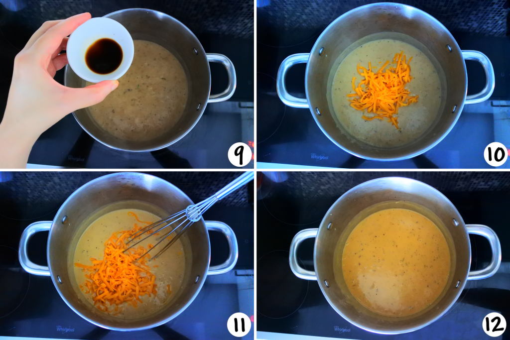 An overhead composite image of a stock pot showing the various stages of broccoli cheddar soup being made