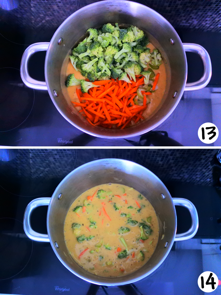 An overhead composite image of a stock pot showing the various stages of broccoli cheddar soup being made