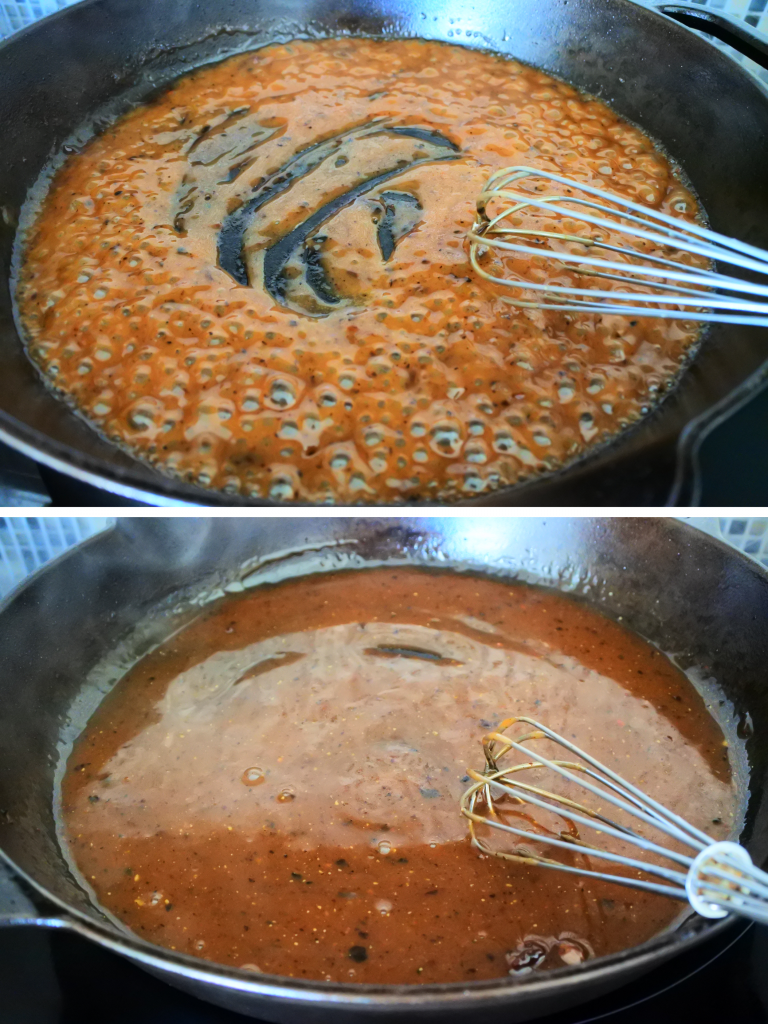 An angled composite image of the gravy for moco loco being made