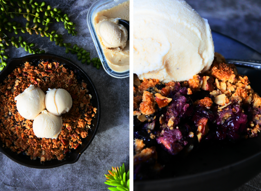 A composite image of warm, fresh baked blueberry crisp with homemade vanilla ice cream