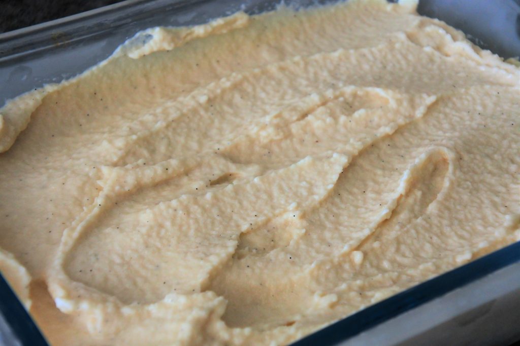 A close up image of freshly blended homemade vanilla ice cream scooped into a prechilled dish before being covered and chilled.