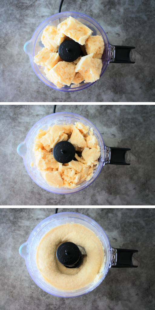A composite image showing chunks of frozen vanilla ice cream base being broken down and processed/blended into a smooth soft serve texture