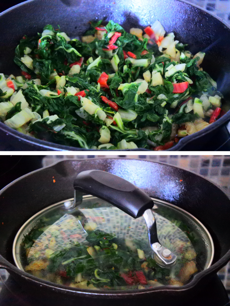 A composite image of blanched swiss chard being pan fried and then covered to encapsulate the smoky flavor for a minute