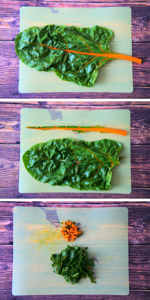 A composite image showing how a swiss chard leaf is broken down for ohitashi