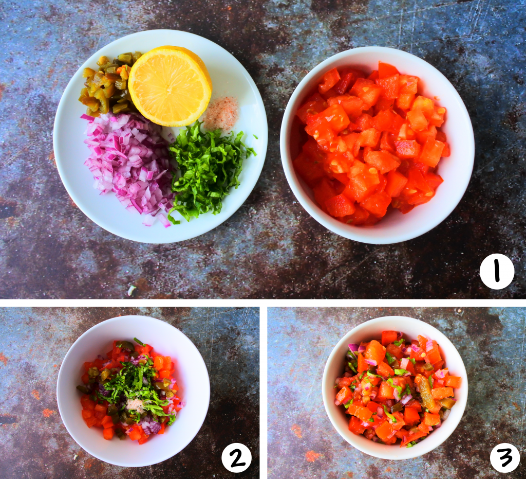 A composite image of the ingredients and making of a simple tomato salsa for a cheesy beef nacho tray