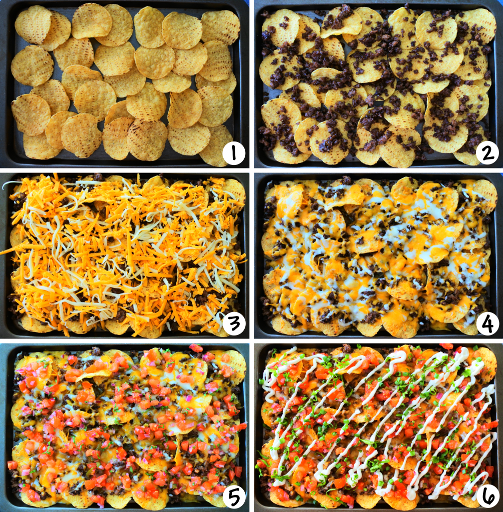 An overhead composite image of the steps for layering a simple cheesy beef nacho
