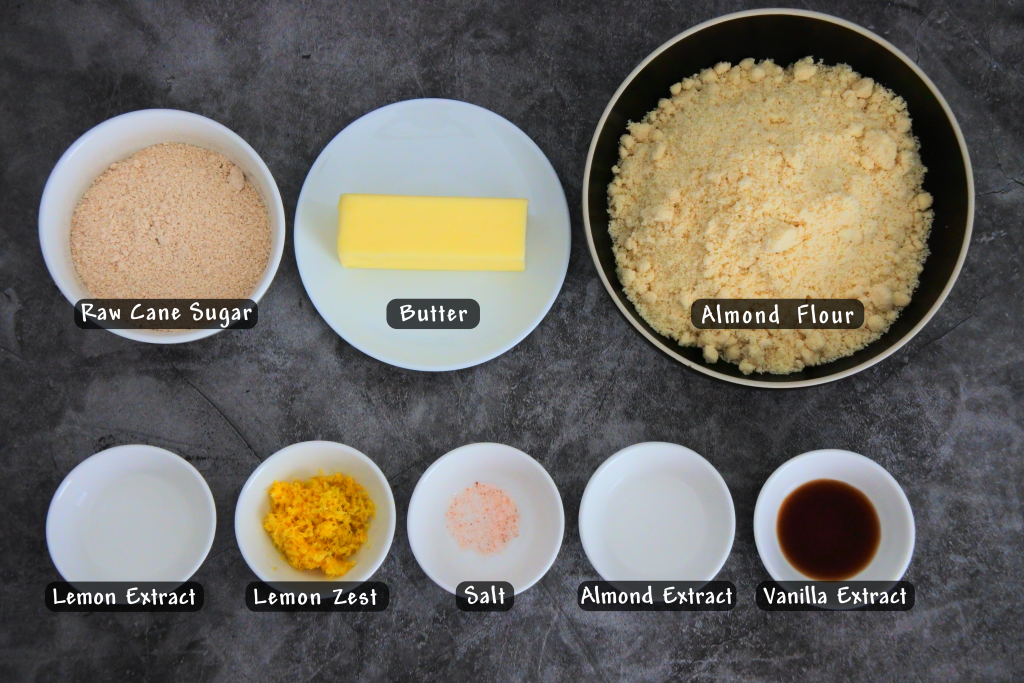 An overhead image of bowls of ingredients for gluten free lemon shortbread cookies