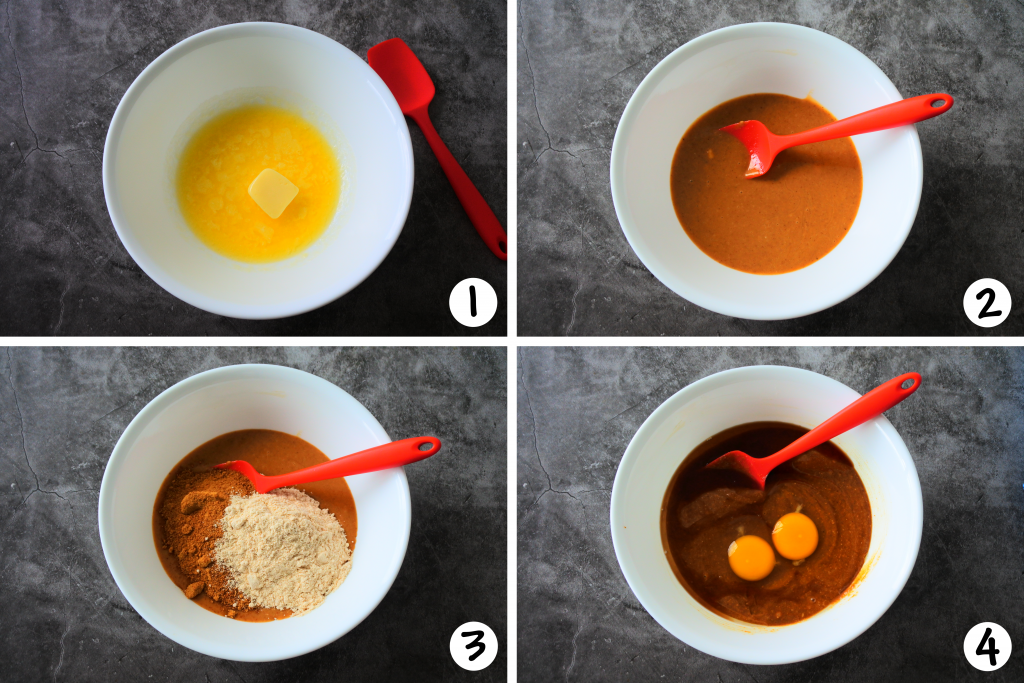A composite image of steps 1-4 of making the dough for peanut butter oatmeal chocolate chip cookies
