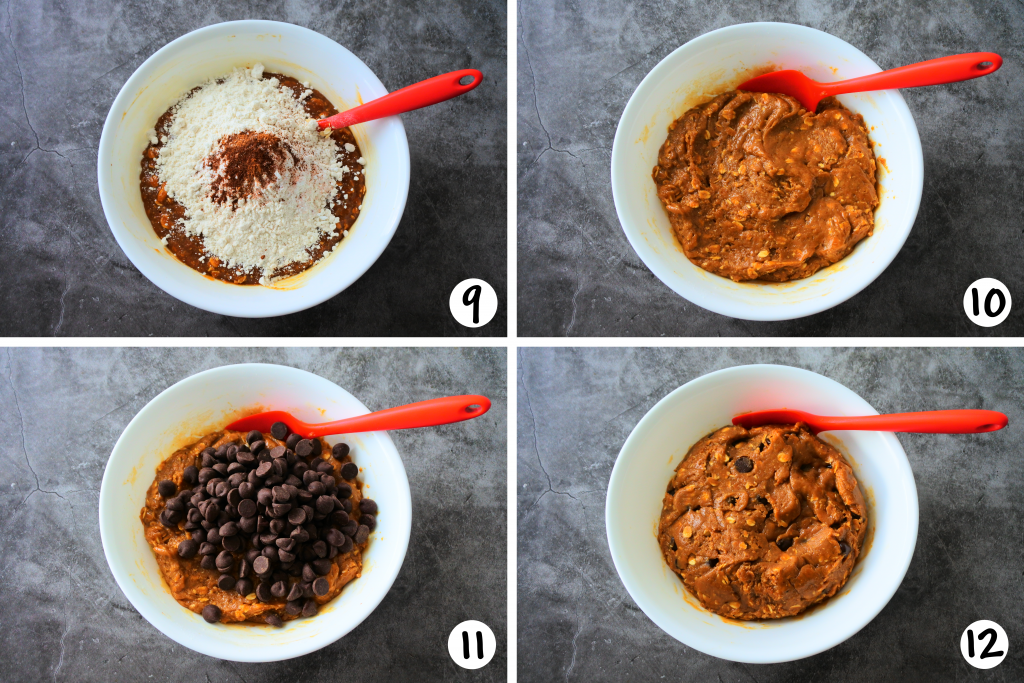 A composite image of steps 9-12 of making the dough for peanut butter oatmeal chocolate chip cookies