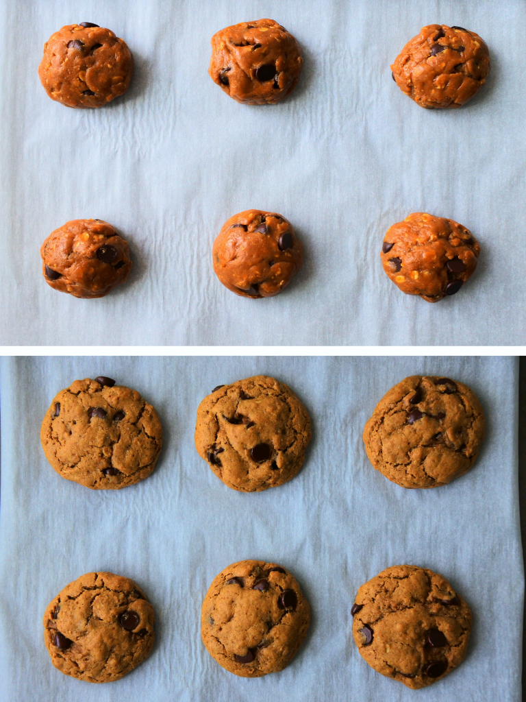 A composite image of a tray with 6 cookies before and after being baked.