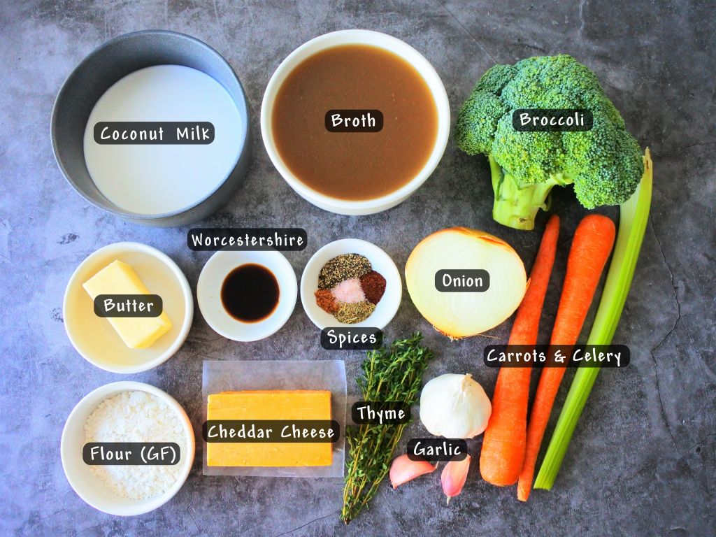 An overhead image of ingredients for a broccoli cheddar soup.
