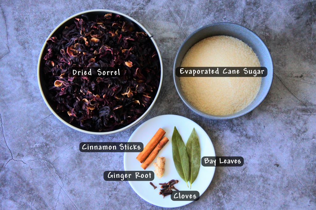An overhead image of ingredients needed for Caribbean sorrel drink