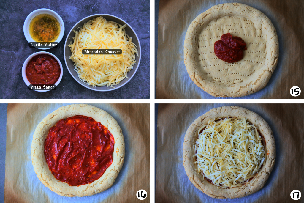 A composite image of steps 15-17 of making a gluten free pizza