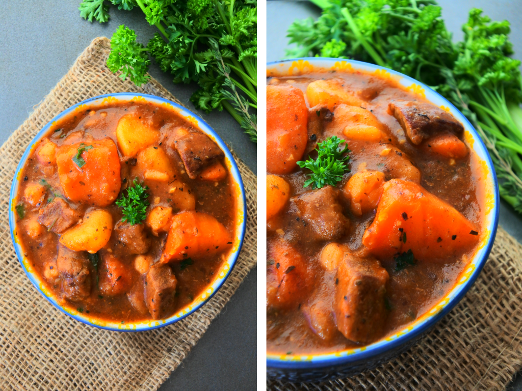 A composite image of a bowl of classic beef stew on a natural burlap placemat with fresh herbs on the side
