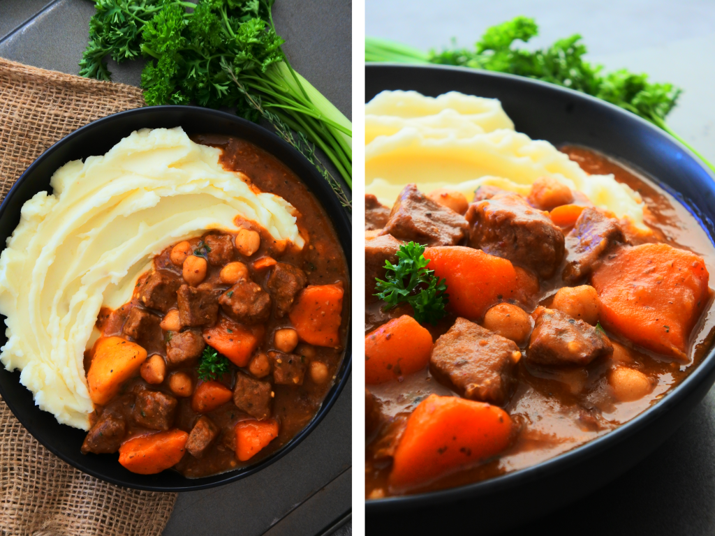 A composite image of a dish of classic beef stew served with mashed potatoes on a natural burlap placemat with fresh herbs on the side