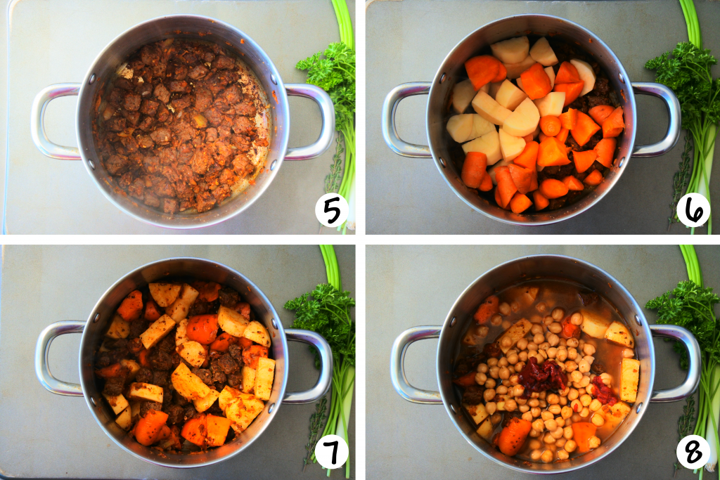 A composite image of steps 5-8 of a classic beef stew