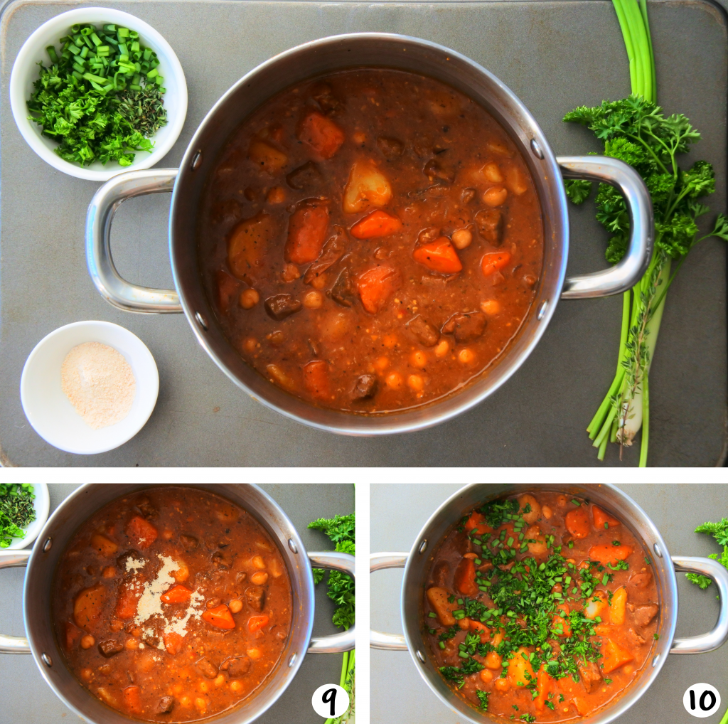 A composite image of a pot of classic beef stew that has been simmered with steps 9 &10