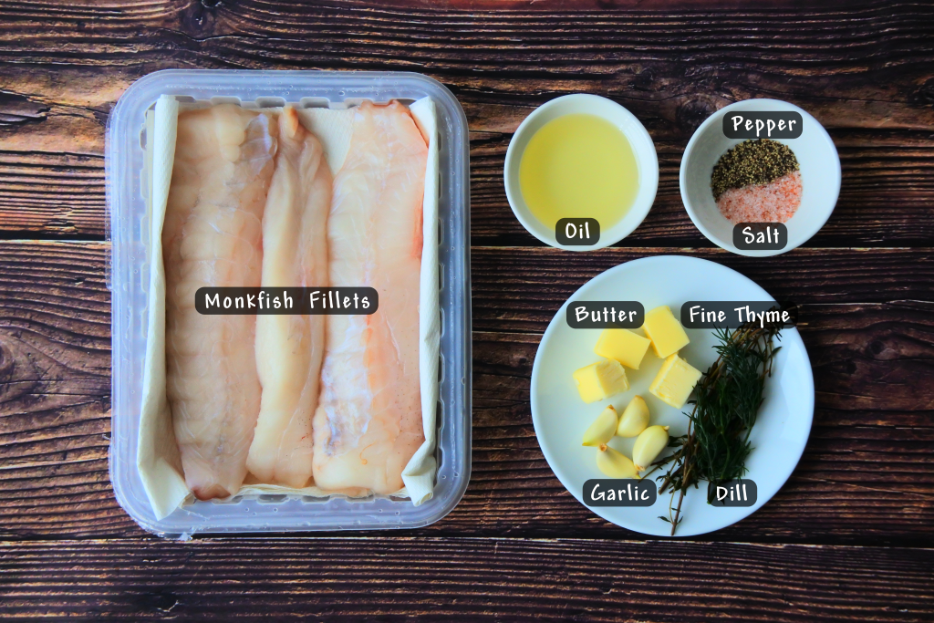 An overhead image of ingredients needed to make pan-fried monkfish fillets