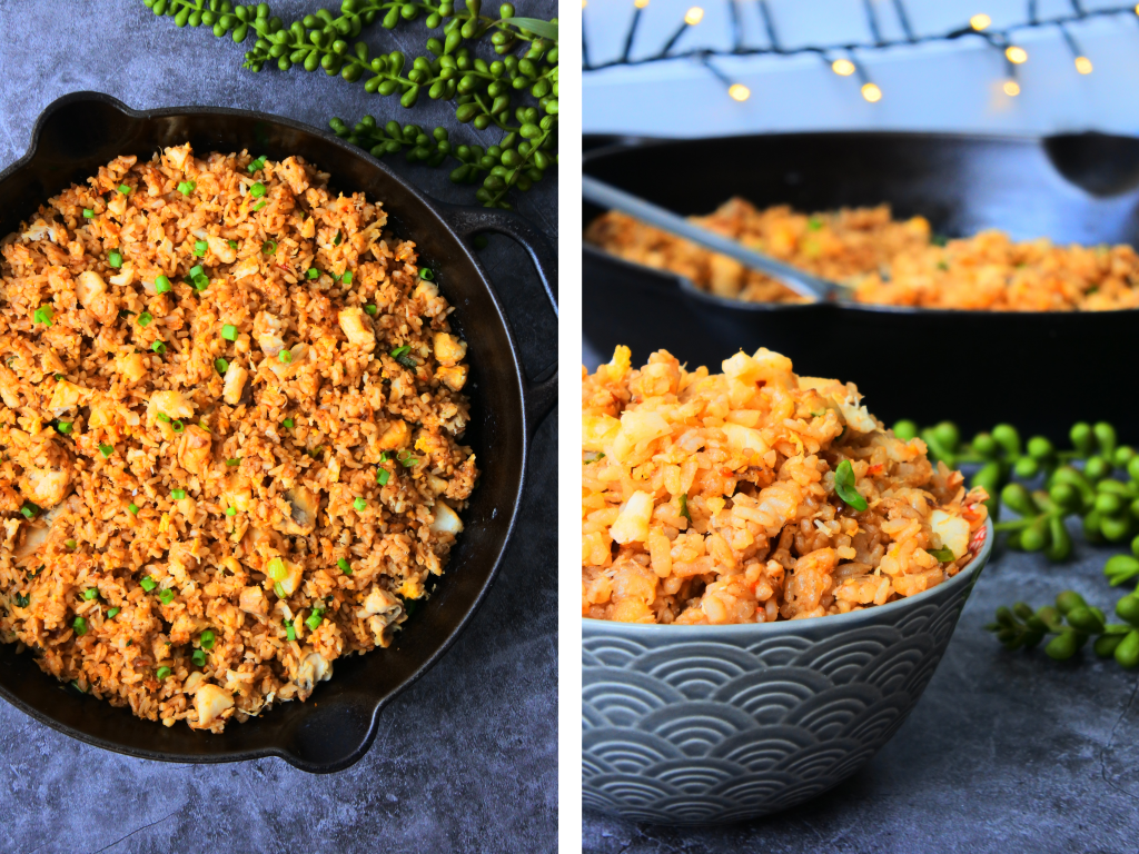 A composite image of crab fried rice in a skillet before and after being plated