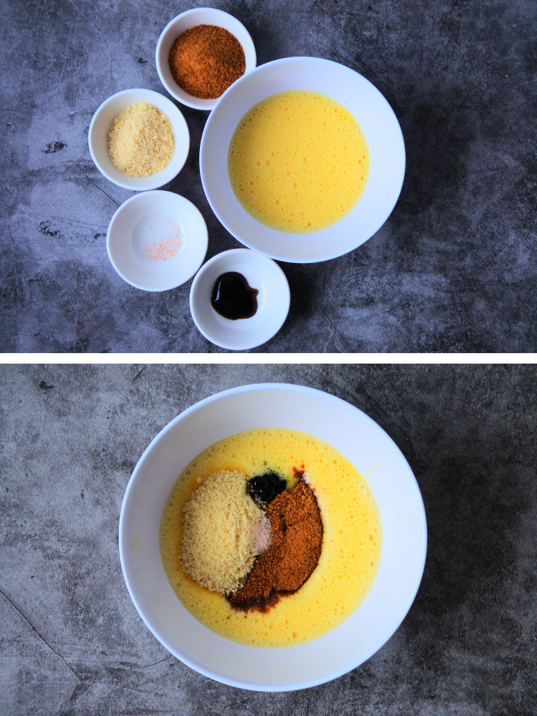 A composite image of ingredients being mixed for a molten chocolate cake