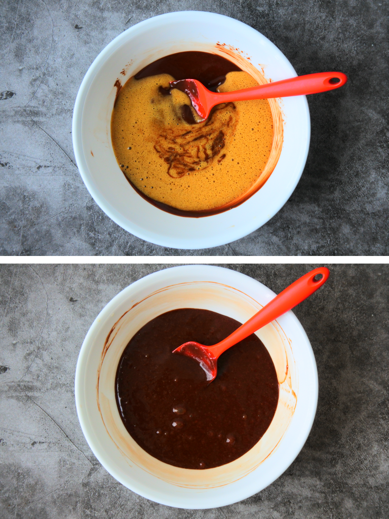 A composite overhead image of batter being mixed for a molten chocolate cake