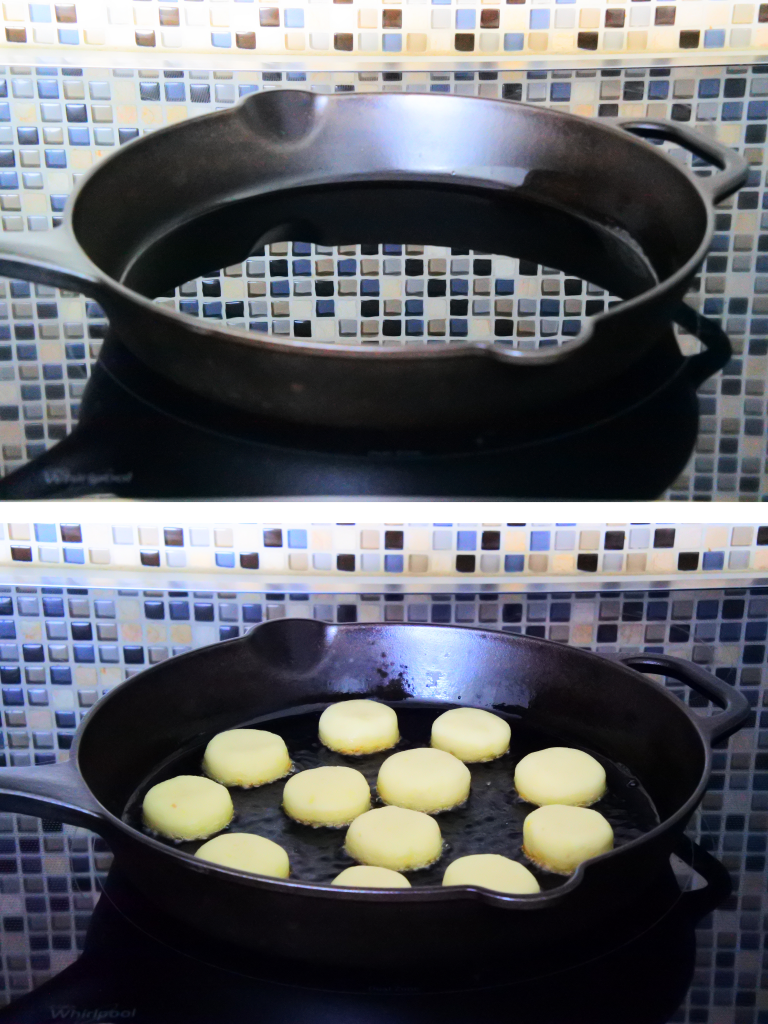 A composite image showing a skillet with oil in it being heated and shaped potato mochi being added to it.