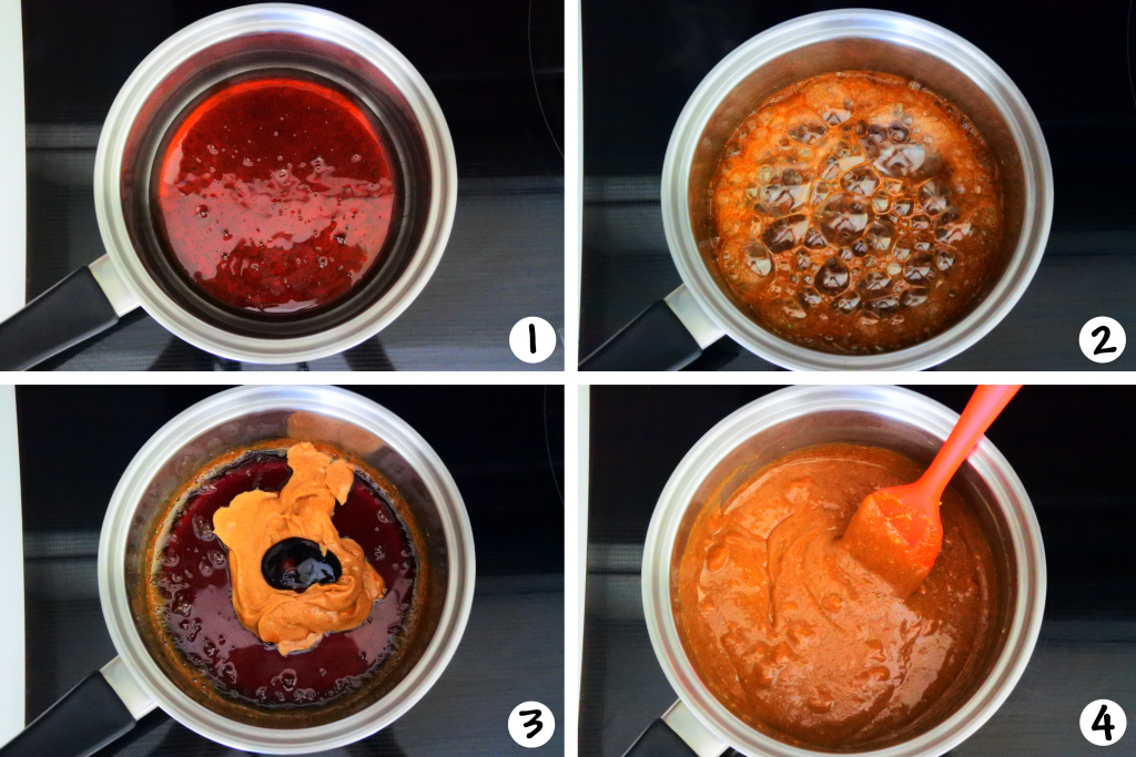 An overhead image of a bowl showing steps 1-4 of making PB Rice Crispy Treats
