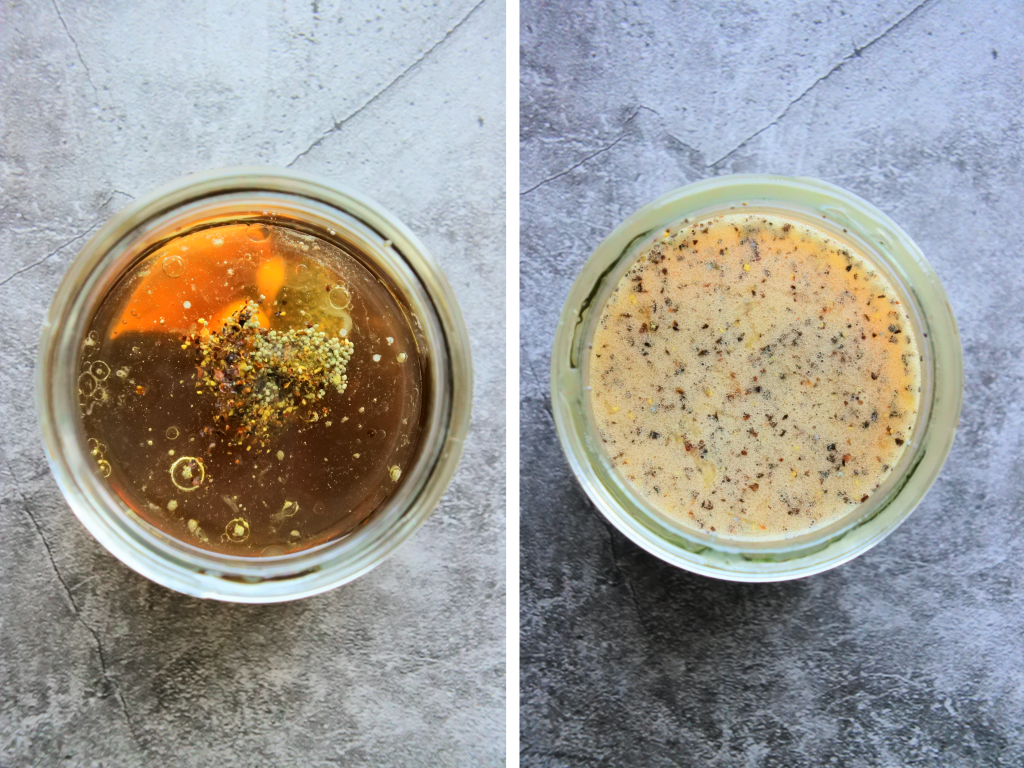 An overhead image of a jar of ingredients for a simple lemon poppy seed vinaigrette before and after being mixed together