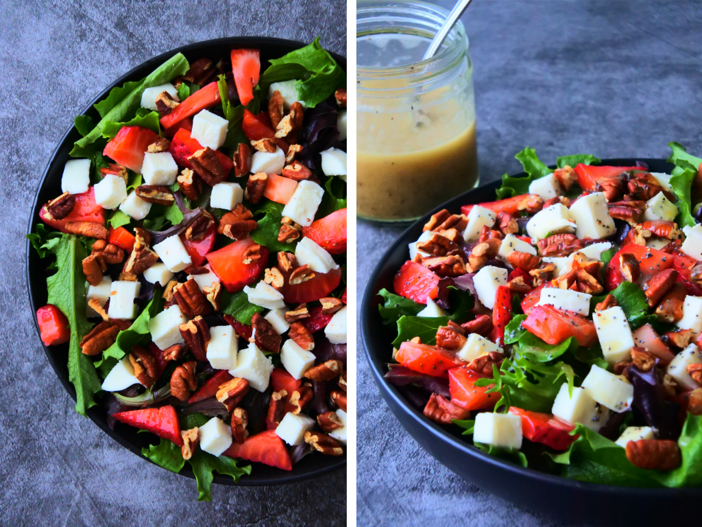 A composite image of a summery strawberry salad before and after being dressed with a lemon poppy seed vinaigrette