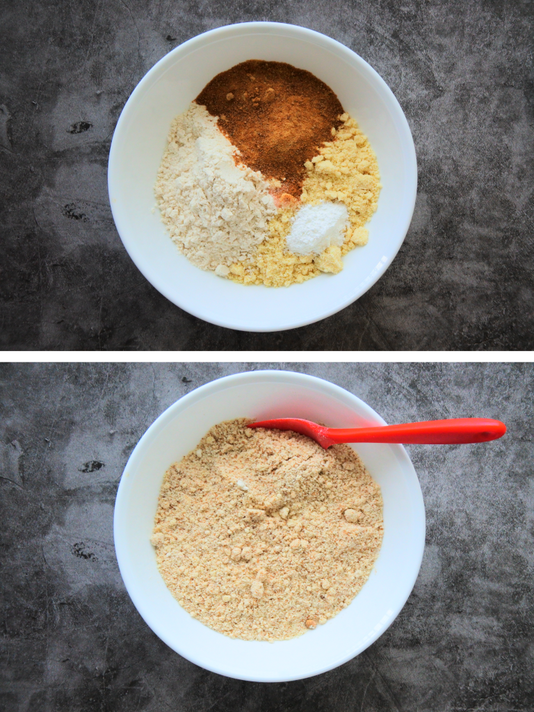 A composite image of the dry ingredients being mixed for a chocolate chip coffee muffins