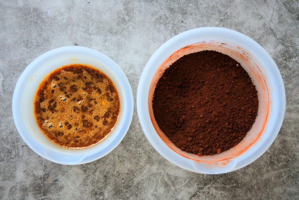 An overhead image of bowls of the dry and wet ingredients for Kitrusy's Healthier chocolate cake before being combined.