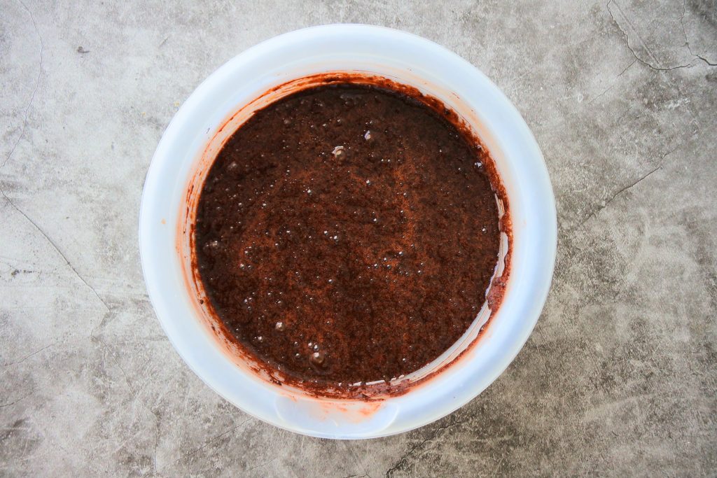 An overhead image of the mixed batter for Kitrusy's healthier chocolate cake