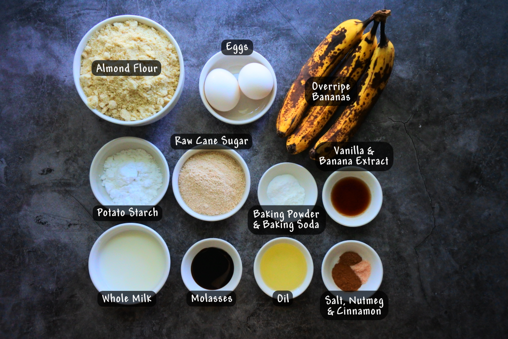 An overhead image of ingredients needed to make a moist homemade gluten-free banana bread