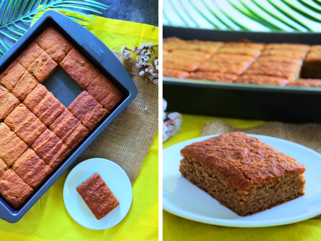 A composite image of a warm, freshly baked and sliced moist gluten free banana bread