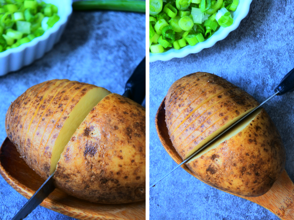 A composite image illustrating a trick to easily slice Hasselback potatoes by placing it onto a spoon that will act as a stop once you slice through the potato.