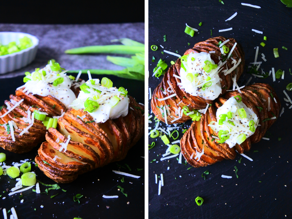 of crispy air-fried Hasselback potatoes topped with Greek yogurt, black pepper, spring onions and a sprinkle of Parmesan cheese