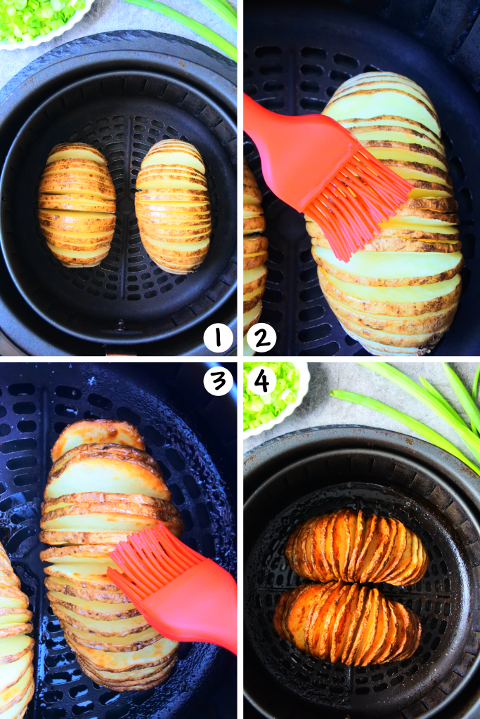 A composite image showing the steps for airfrying a Hasselback potato while butter basting it in between cycles