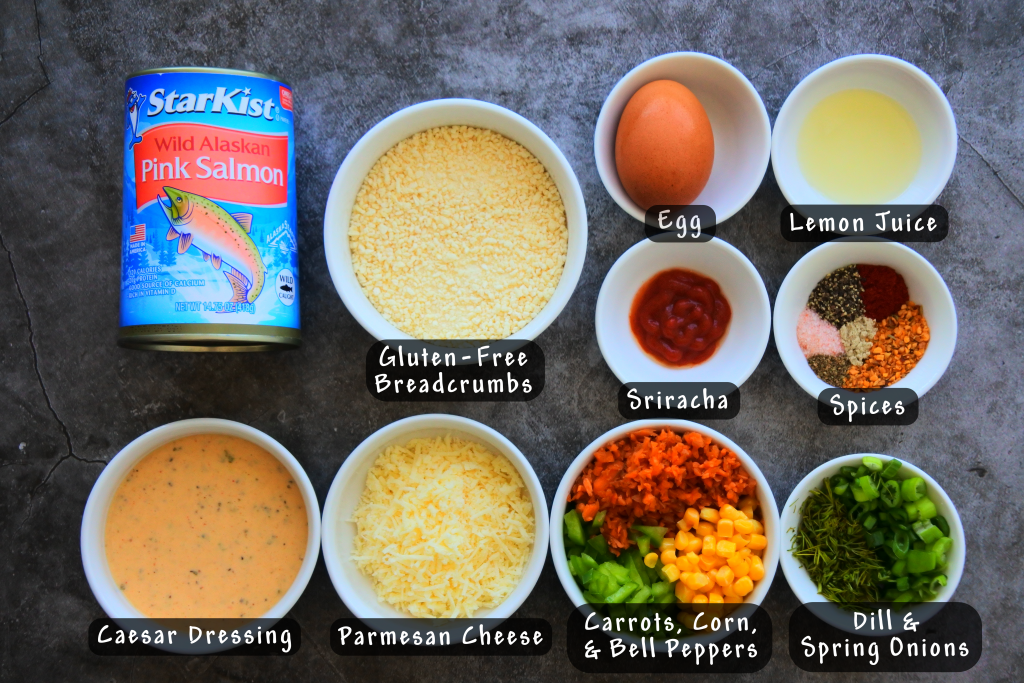 An overhead image showing dishes of labeled ingredients needed to make salmon croquettes/patties/cakes