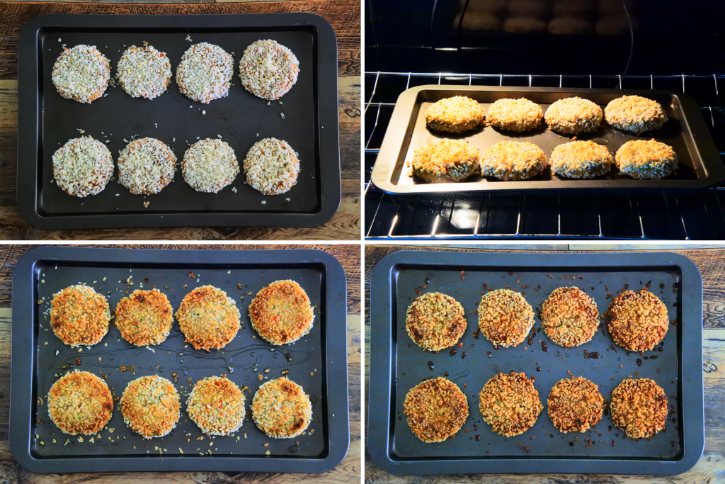 A composite image showing salmon croquettes being oven-baked.