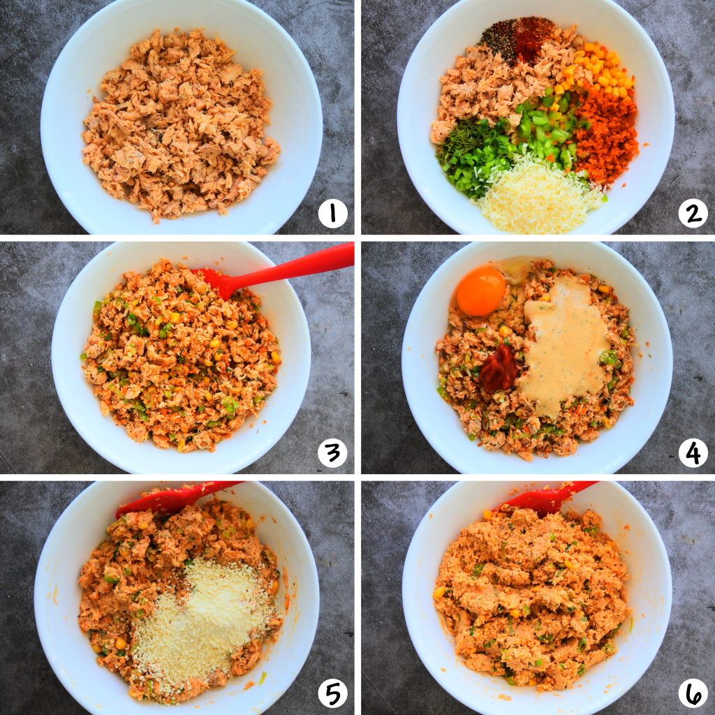 A composite image showing the six steps to making the mixture for salmon croquettes/patties/cakes