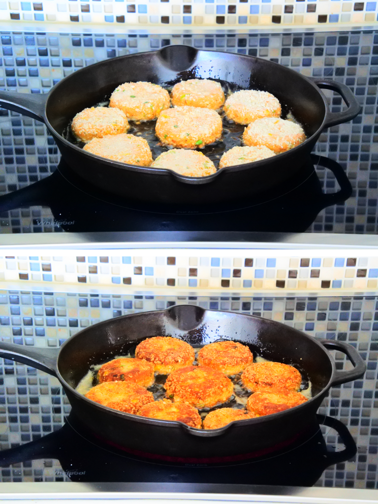 A composite image showing nine salmon croquettes/patties/cakes being pan fried and flipped