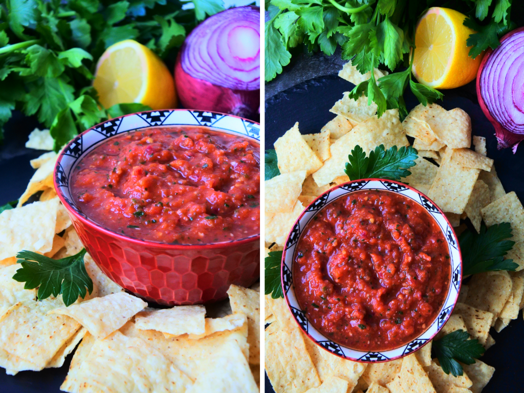 A composite image showing a bowl of freshly made tomato salsa surrounded by corn chips and fresh ingredients.