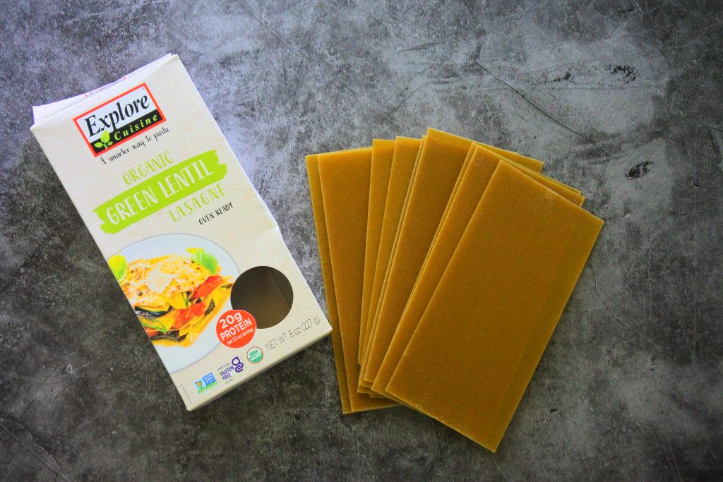 An overhead image of the no boil lasagna sheets made of green lentil for Kitrusy's GF Lasagna