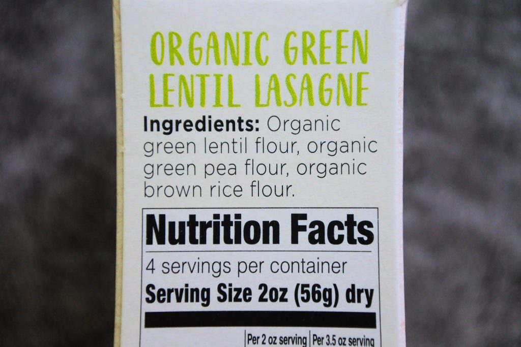 A close up image of the ingredients list for the GF green lentil lasagna pasta that is used for Kitrusy's GF lasagna
