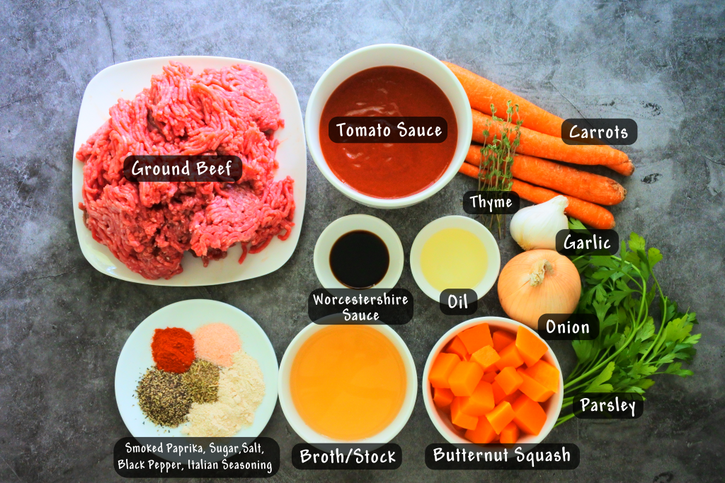 An overhead image of ingredients needed for the red/meat sauce element of Kitrusy's GF lasagna