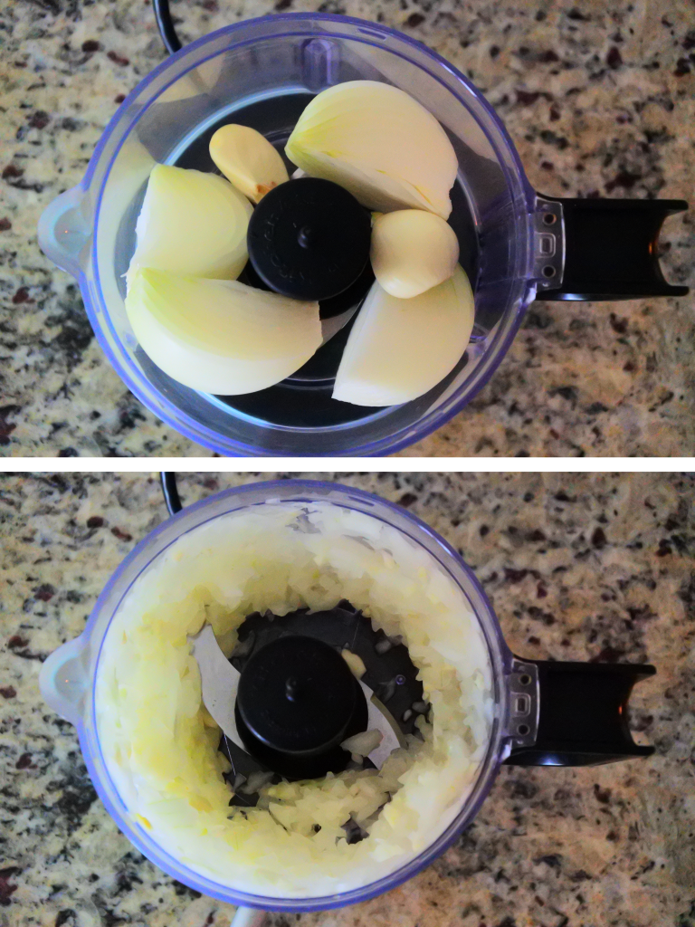A composite image showing onions and garlic before and after being blitzed in a mini food processor